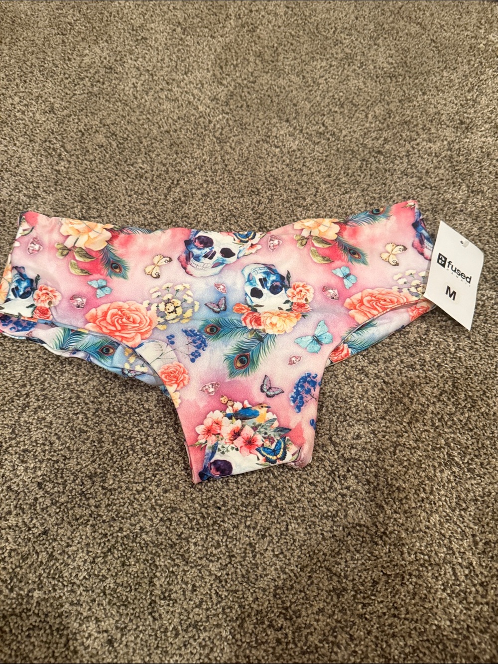 Fused Pink Floral Skull Print Bikini Bottoms - M